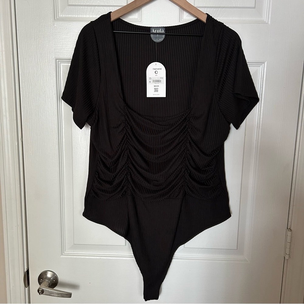 Arula Rouched Square Neck Black Short Sleeve Bodysuit Size 3X